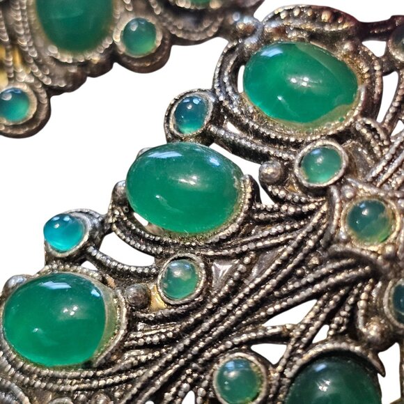 VTG Art Deco Green Leaf Cabochon Dress Clips Silver Tone 1930s 40s? Estate - Picture 2 of 12